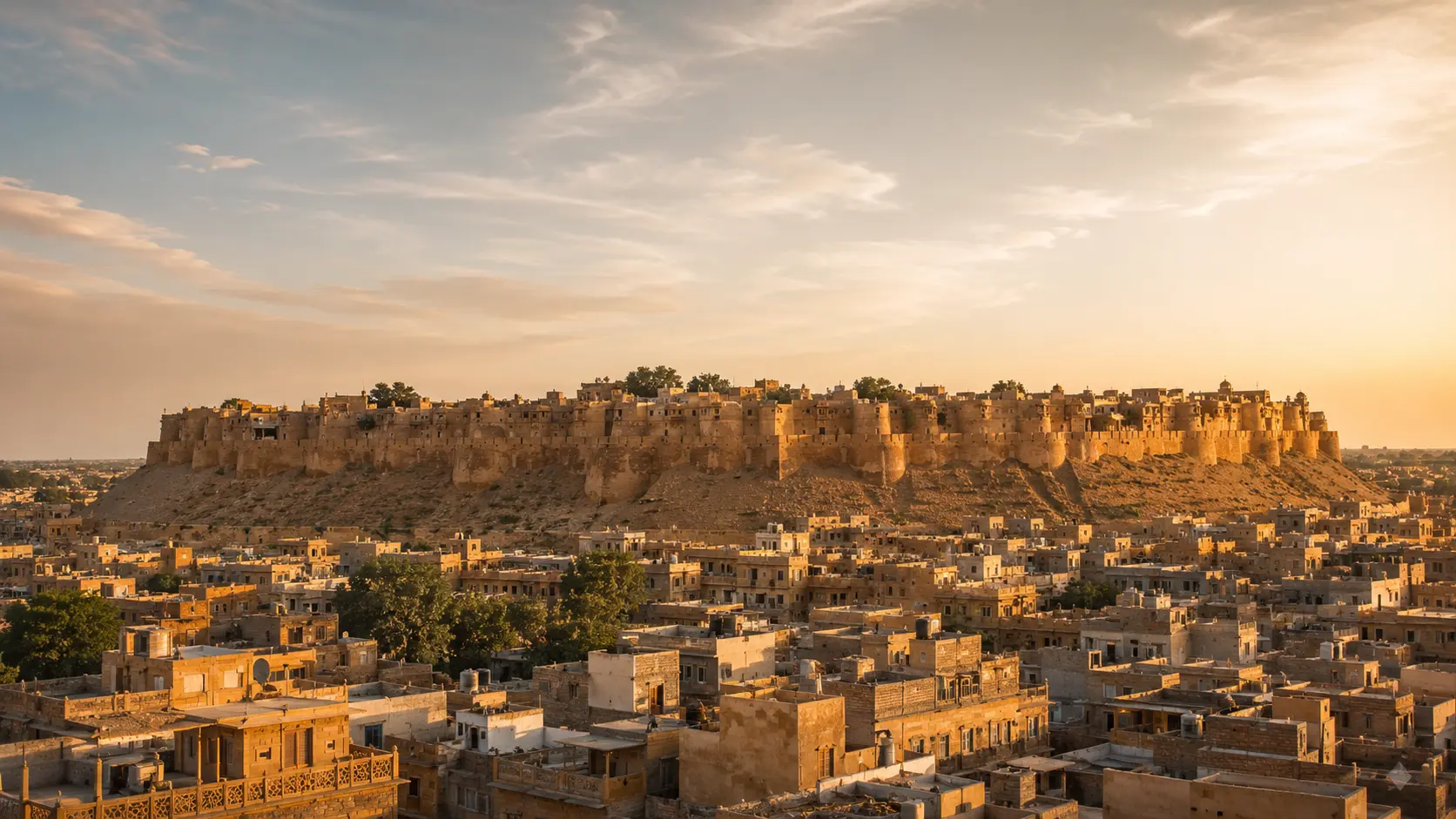 Editorial view of Jaisalmer Fort and the Golden City at warm evening light